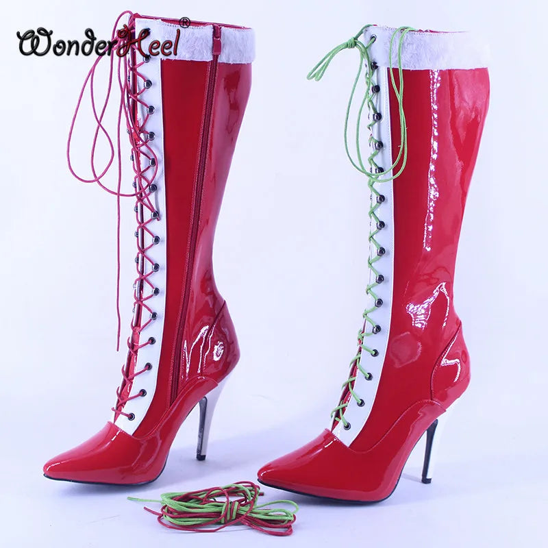 Wonderheel 12cm Stiletto heel Pointed Toe Mixed Colors Christmas High Heel Sexy Girls Nightclub Lacing Knee High Boots