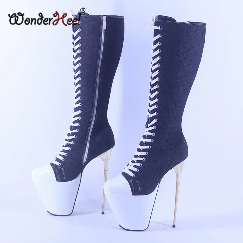 Wonderheel 19cm Thin Metal Heel Knee High Boots with 7cm Platform Pointed Toe Denim Sexy Nightclub Footwear
