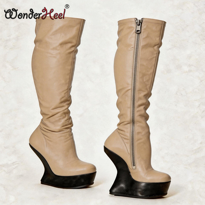 Wonderheel 14cm Wedge Heels 4cm Platform Matte Leather Sexy Lady Knee High Boots Larger Size Women's Footwear