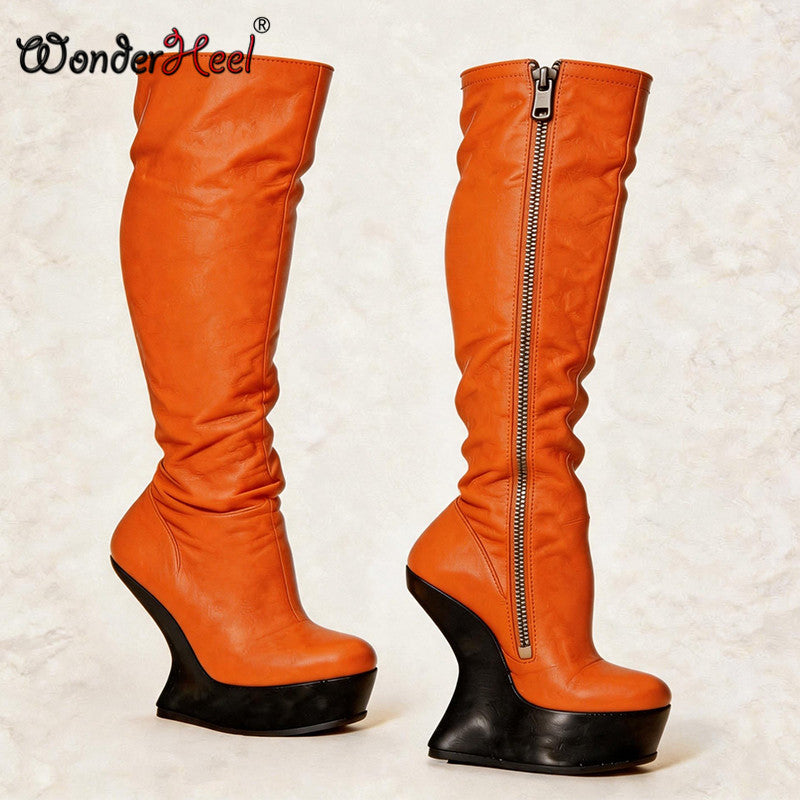 Wonderheel 14cm Wedge Heels 4cm Platform Matte Leather Sexy Lady Knee High Boots Larger Size Women's Footwear