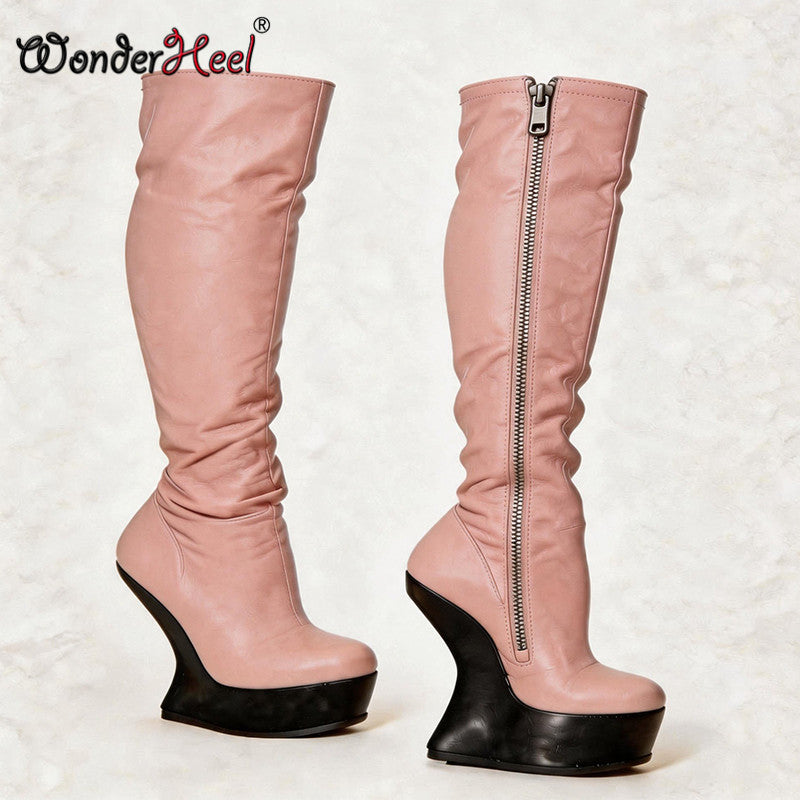Wonderheel 14cm Wedge Heels 4cm Platform Matte Leather Sexy Lady Knee High Boots Larger Size Women's Footwear