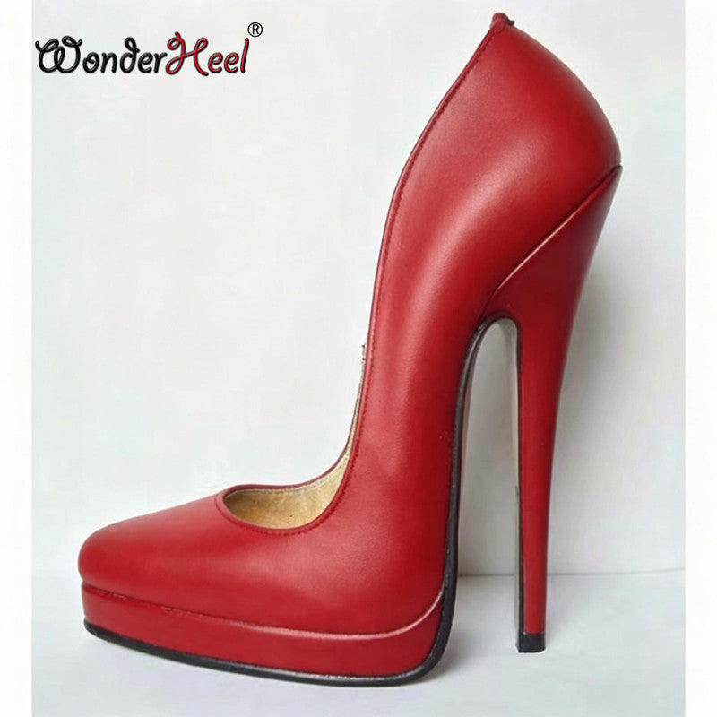 Wonderheel Real Leather 16cm Stiletto Heel Sexy High Heel Slip On Platform Pointed Toe Pumps