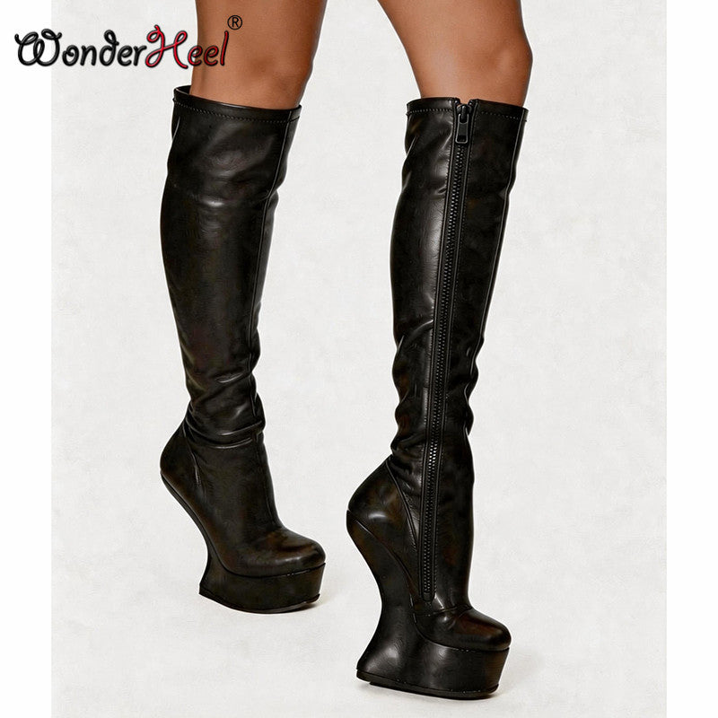 Wonderheel 14cm Wedge Heels 4cm Platform Matte Leather Sexy Lady Knee High Boots Larger Size Women's Footwear