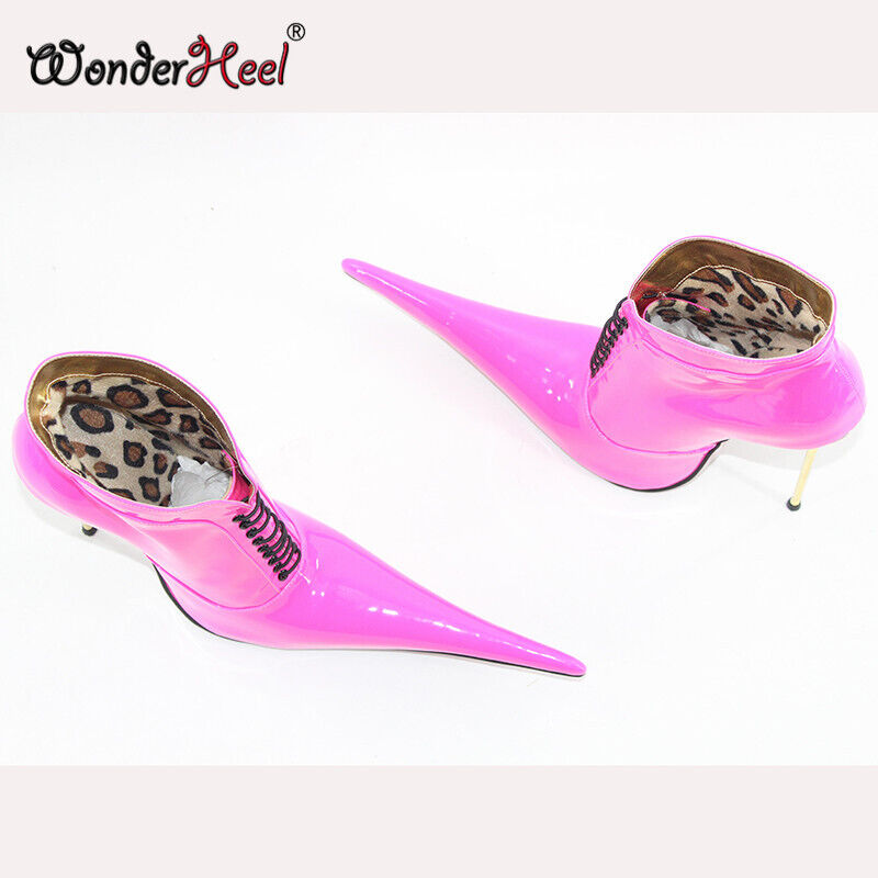 Wonderheel 16cm Thin Metal Heel Patent Extremely Extra Long Pointed Toe Women Ankle Boots