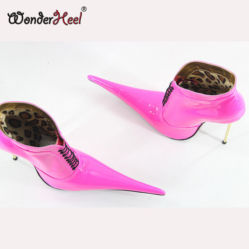 Wonderheel 16cm Thin Metal Heel Patent Extremely Extra Long Pointed Toe Women Ankle Boots