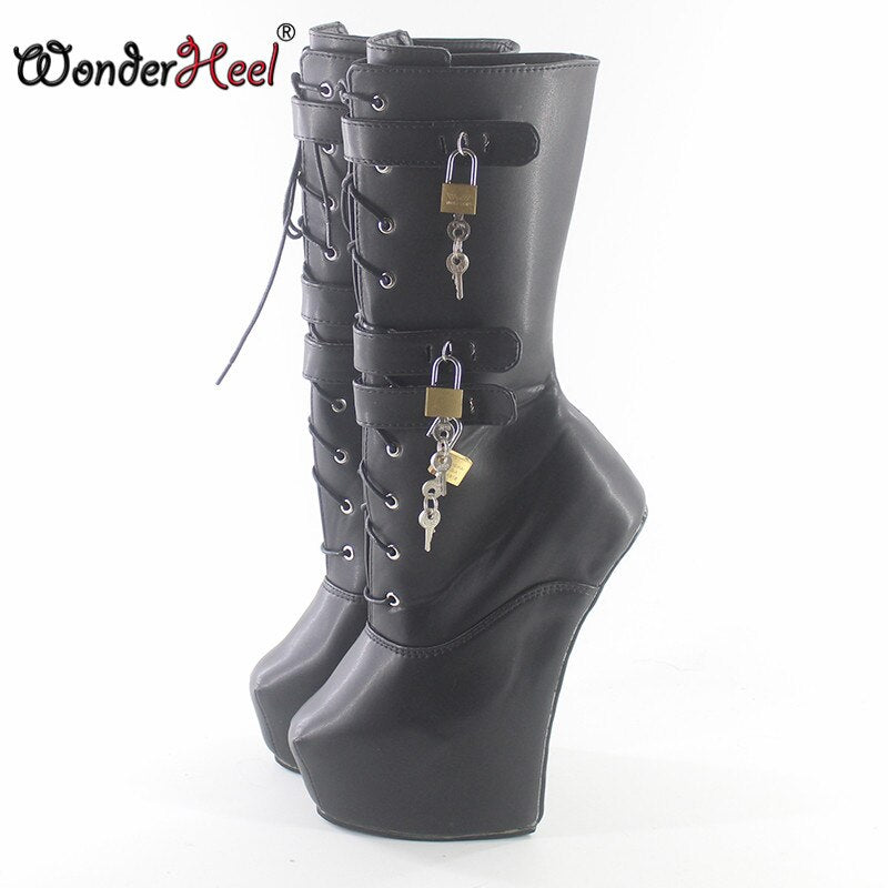 Wonderheel new 8" heel matte leather Fetish Heelless strange style ponying heel  three padlocks  Platform mid-calf boots