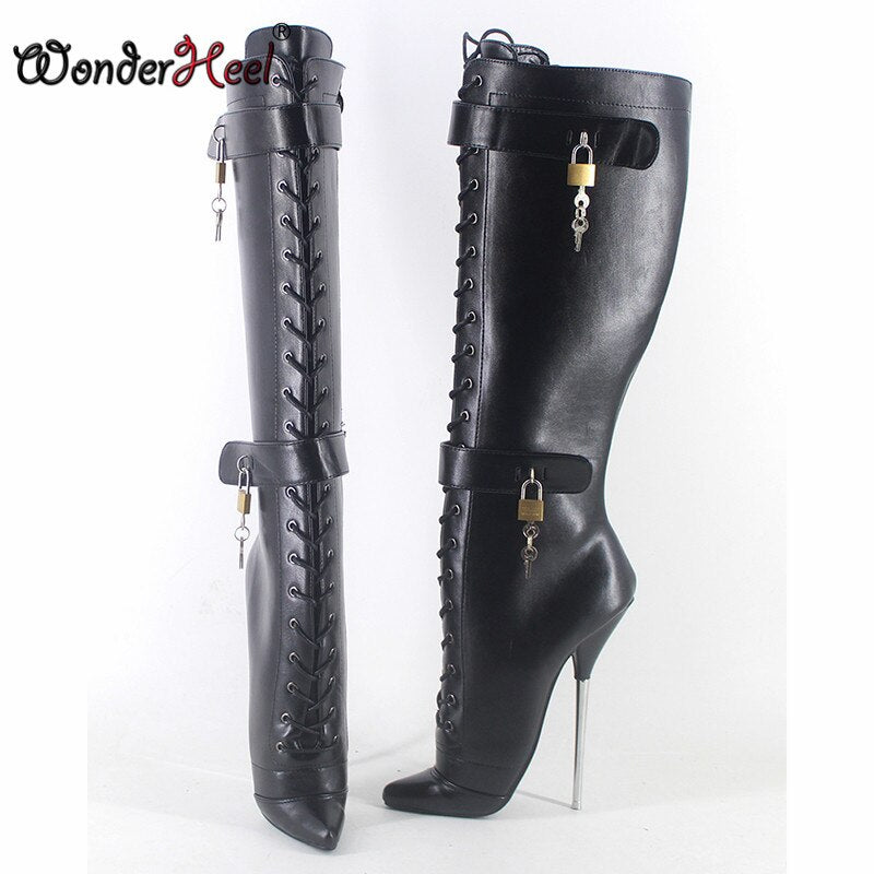 Wonderheel 2020 New 7" stiletto heel matt leather fetish Locked padlocks knee high ballet boots nightclub women ballet shoes