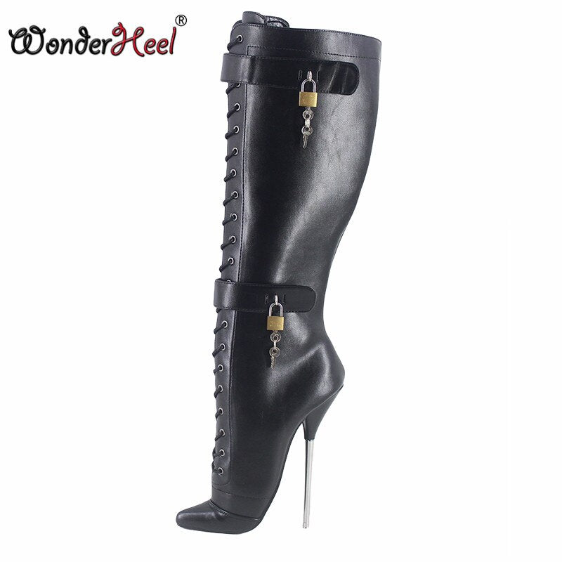 Wonderheel 2020 New 7" stiletto heel matt leather fetish Locked padlocks knee high ballet boots nightclub women ballet shoes