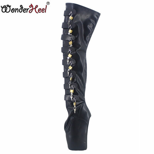 Wonderheel Locked zipper high heel 7" heel Matt leather ballet thigh high boots sexy buckle straps lock padlocks over knee boots