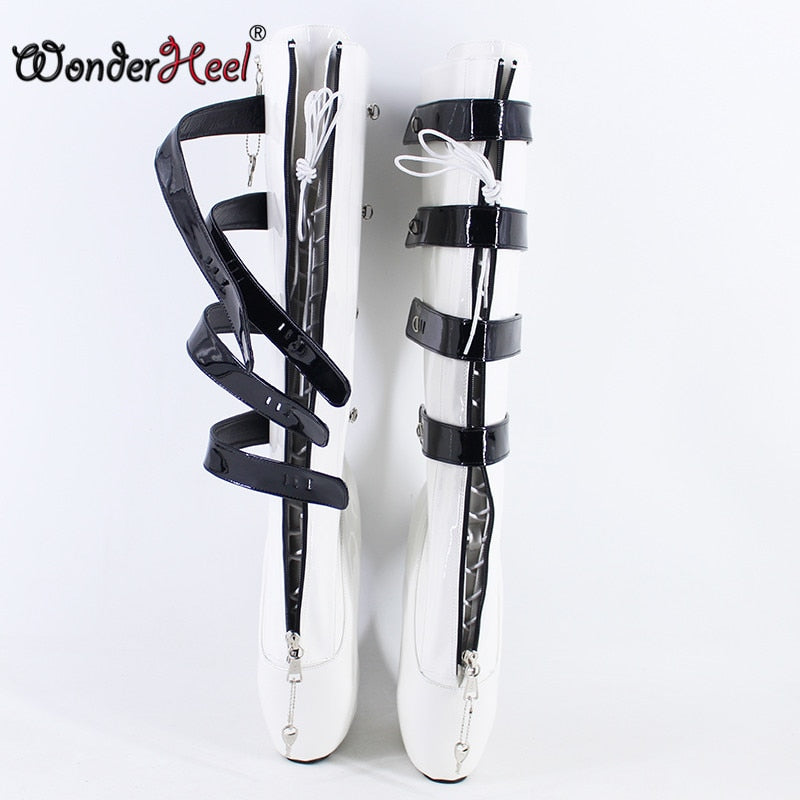 Wonderheel New Ballet Boots 18cm Curved Heel Women Modern Shoes Locked Padlocks Sexy Fetish Lockable Zipper Knee High Boots