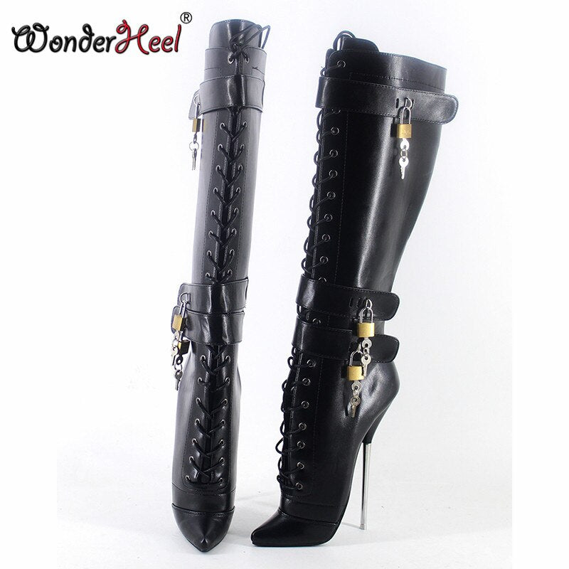 Wonderheel 2020 New 18cm stiletto heel matt leather sexy fetish Locked padlocks nightclub women knee high ballet shoes big size