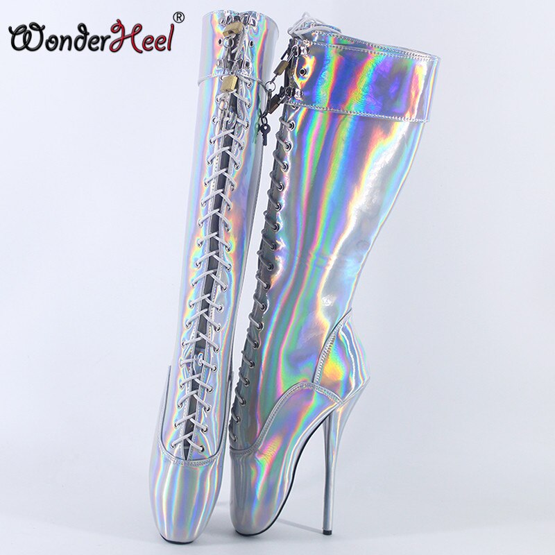 Wonderheel 18cm Stiletto Heel Laser Crystal Leather Sexy Fetish Knee High Ballet Boots Nightclub Locked Padlocks Women Shoes