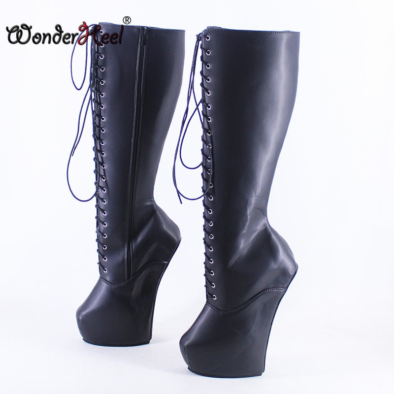 Wonderheel New 8" heelless Sexy Fetish Hoof Heels Matte Leather Fashion Platform Knee High Boots Modern Horse Ponying  Shoes