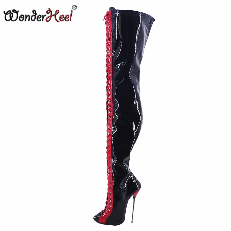 Wonderheel New 16cm Ultra Thin Metal heel Peep Toe Multi-color sexy Over Knee Boots Super Girls Nightclub Lace Up Crotch Boots