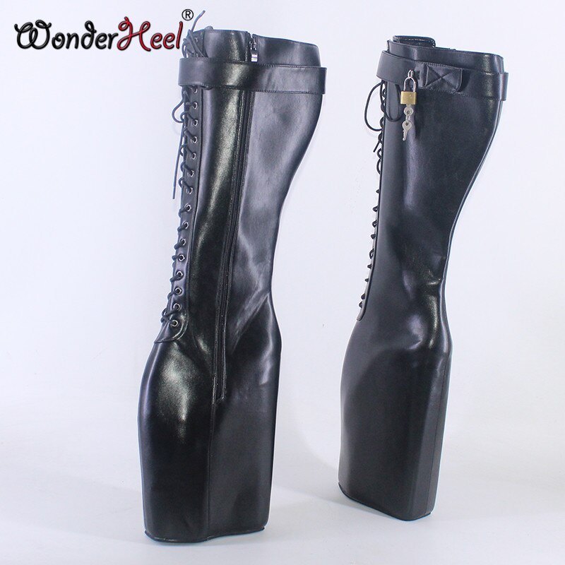 Wonderheel High Heel 23cm Wedges Heel Platform Fetish Lockable Padlocks Matte Leather Super Girl Fashion Knee High Boots