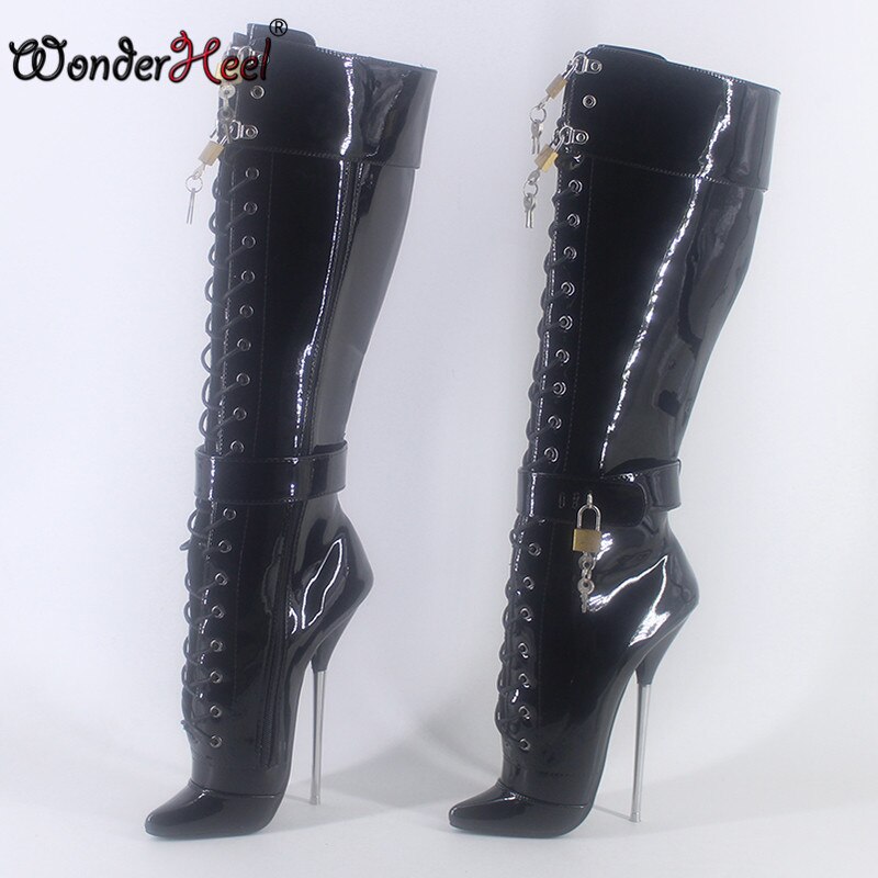 Wonderheel 2020 New high heel 7" stiletto heel patent leather sexy fetish locked padlocks knee high boots women ballet shoes