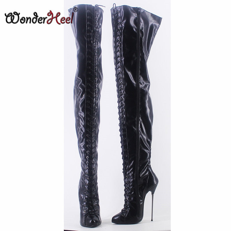 Wonderheel New 16cm Ultra Thin Metal heel Extreme high heel Matte Leather sexy Wonder Girls Nightclub Lace Up Over Knee Boots