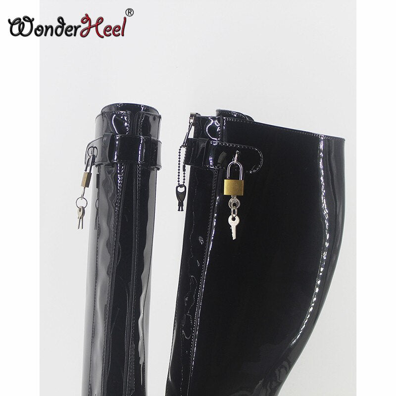 Wonderheel New 7" stiletto heel padlocks locked zipper Sexy Fetish Nightclub party women knee high ballet boots big size