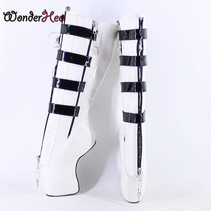 Wonderheel New Ballet Boots 18cm Curved Heel Women Modern Shoes Locked Padlocks Sexy Fetish Lockable Zipper Knee High Boots