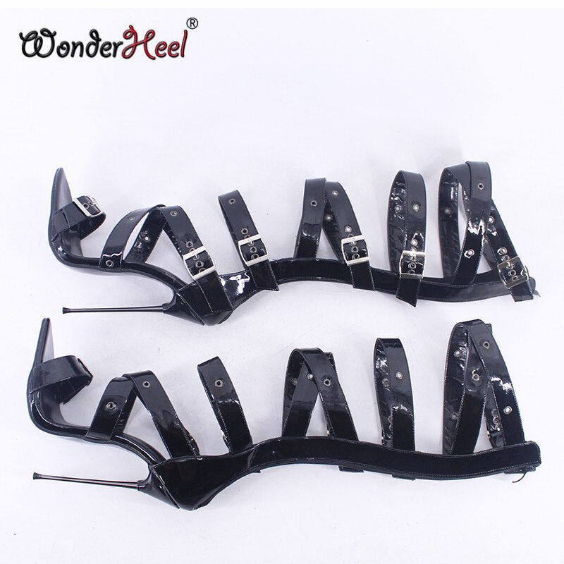 Wonderheel New Summer 16cm Ultra Thin heel Patent Leather sexy Cosplay Super Girls Nightclub Buckles Back Zipper Knee High Boots