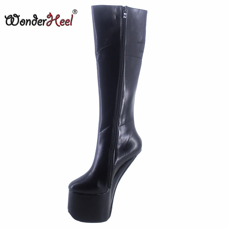 Wonderheel New 22cm Hoof Heels Matte Leather Sexy Fetish Cosplay Appr. 9cm Platform Knee High Boots Heelless Horseshoes Shoes