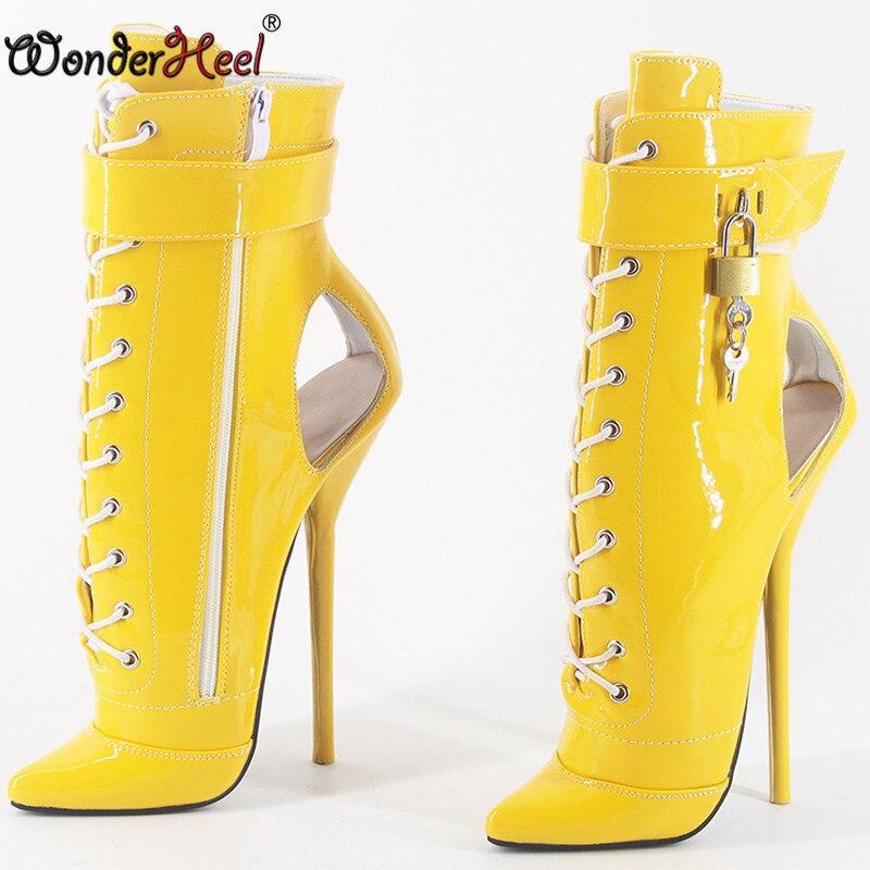 Wonderheel  New Style 7" Thin Heel Patent Leather Sexy Fetish Ballet Ankle Boots PVC Locked Padlocks Women Ballet Shoes