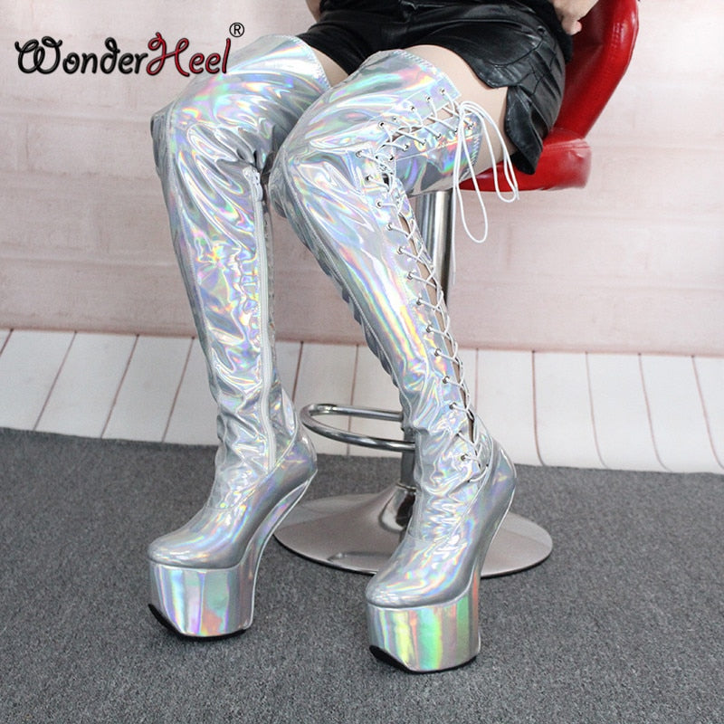 Wonderheel New 22cm Hoof Heels Sexy Laser Crystal Leather Side Lacing Cosplay Platform Over Knee Boots Heelless Thigh High Boots