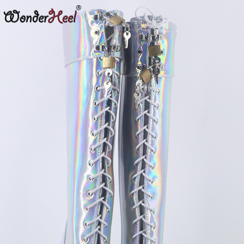 Wonderheel 18cm Stiletto Heel Laser Crystal Leather Sexy Fetish Knee High Ballet Boots Nightclub Locked Padlocks Women Shoes