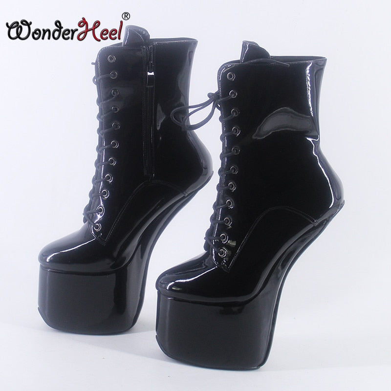 Wonderheel New 22cm Hoof Heels Sexy Fetish Cosplay with Appr. 9cm Platform Ankle Boots Heelless Lacing Nightclub Horses Shoes