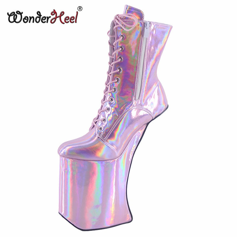 Wonderheel High Heel 25cm Heelless Laser Crystal Leather Sexy Fetish Appr. 14cm Platform Ankle Boots Nightclub Women Shoes