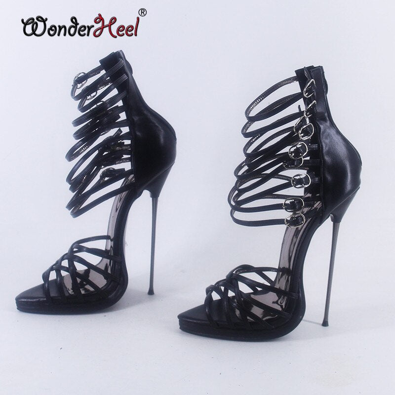 Wonderheel Summer Platform Thin Metal Heel 16cm Stiletto Heel Sexy Pointed Toe Nightclub Buckles Straps Fetish High Heel Sandals