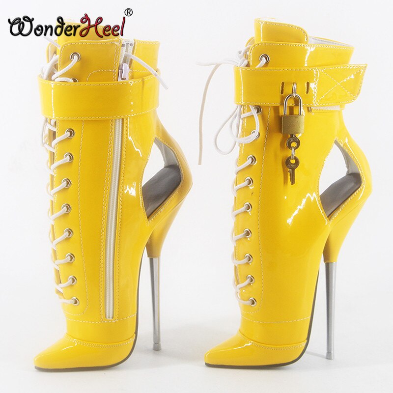 Wonderheel 2020 New 7" stiletto heel patent leather sexy fetish ankle ballet boots PVC locked padlocks women ballet shoes