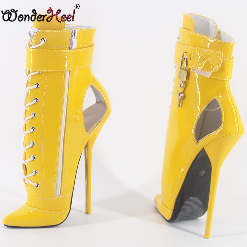 Wonderheel  New Style 7" Thin Heel Patent Leather Sexy Fetish Ballet Ankle Boots PVC Locked Padlocks Women Ballet Shoes