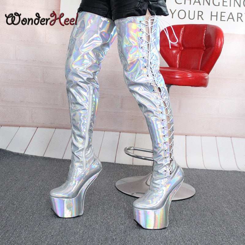 Wonderheel New 22cm Hoof Heels Sexy Laser Crystal Leather Side Lacing Cosplay Platform Over Knee Boots Heelless Thigh High Boots