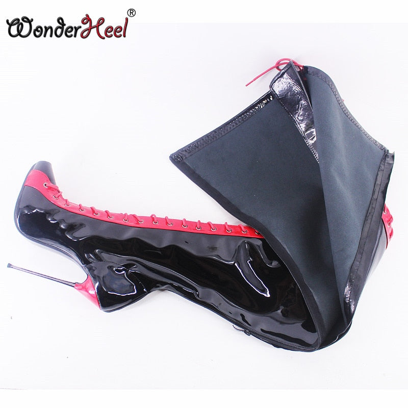 Wonderheel New 16cm Ultra Thin Metal heel Peep Toe Multi-color sexy Over Knee Boots Super Girls Nightclub Lace Up Crotch Boots