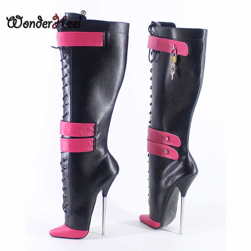 Wonderheel 2020 New 18cm Stiletto Heel Matt Leather Multi Colors Sexy Fetish Locked Padlocks Women Knee High Ballet Shoes