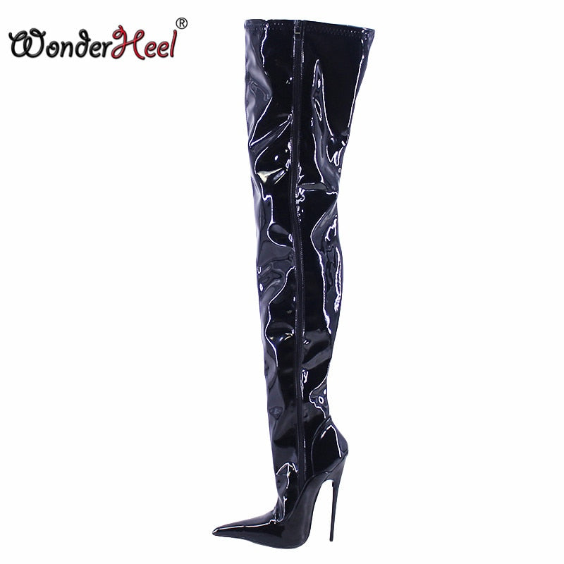 Wonderheel 2021 High Heel Appr.18cm Stiletto Heel Extreme Pointed Toe Patent Leather Over Knee Boots Nightclub Sexy Crotch Boots