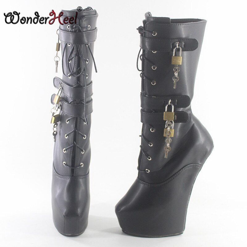 Wonderheel new 8" heel matte leather Fetish Heelless strange style ponying heel  three padlocks  Platform mid-calf boots