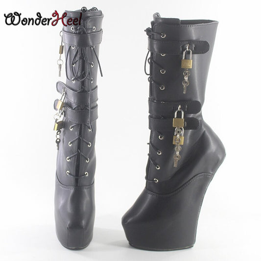Wonderheel new 8" heel matte leather Fetish Heelless strange style ponying heel  three padlocks  Platform mid-calf boots