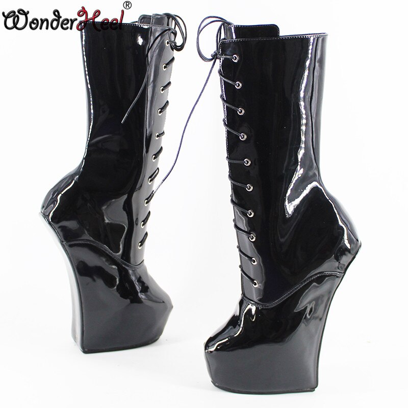 Wonderheel new 8" heel Patent leather Fetish Heelless strange style ponying heel lace up  Platform mid-calf boots