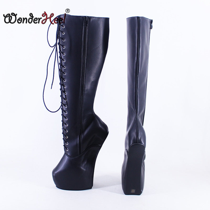 Wonderheel New 8" heelless Sexy Fetish Hoof Heels Matte Leather Fashion Platform Knee High Boots Modern Horse Ponying  Shoes