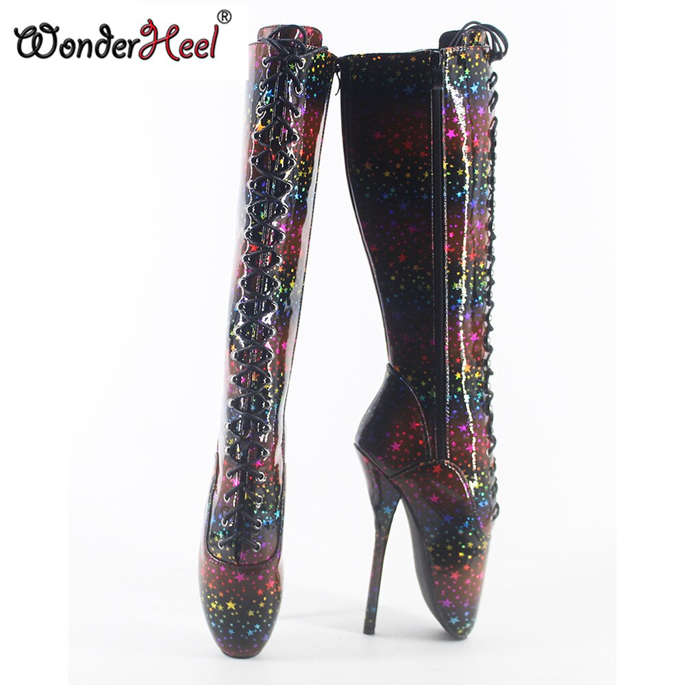 Wonderheel 18cm stiletto heel ultra high heel special sparkle leather women knee high ballet boots sexy fetish boots big size