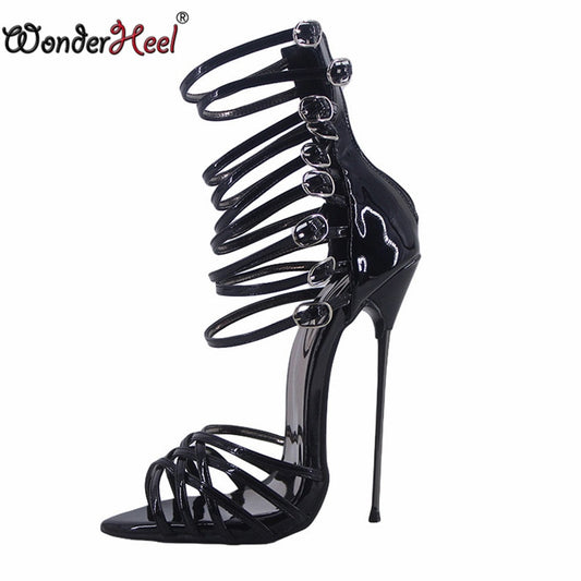 Wonderheel Summer Extreme Ultra Thin Metal Heel 16cm Stiletto Heel Sexy Pointed Toe Nightclub Buckles Straps High Heel Sandals