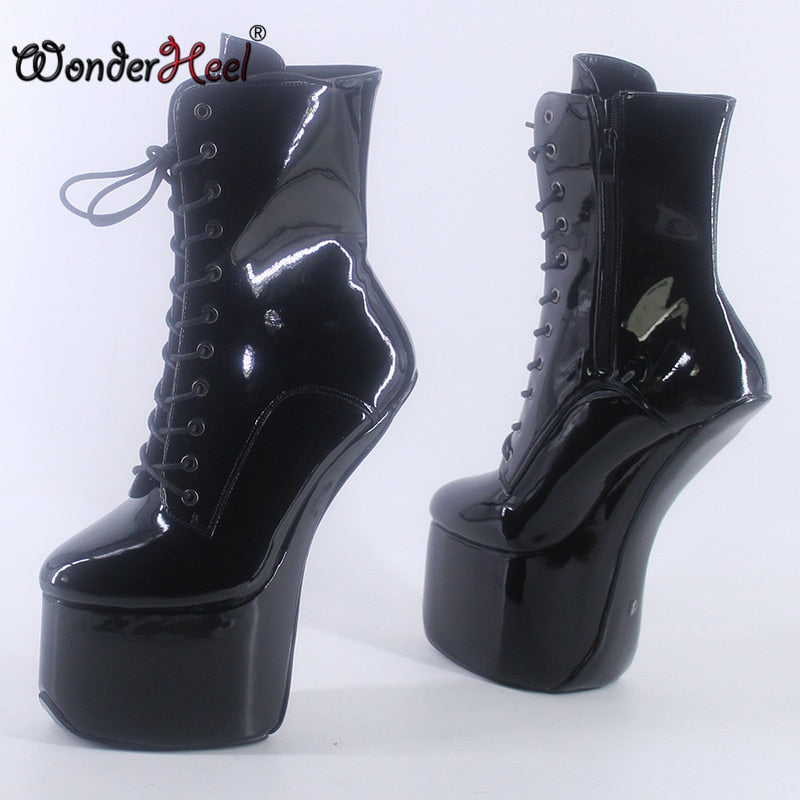 Wonderheel New 22cm Hoof Heels Sexy Fetish Cosplay with Appr. 9cm Platform Ankle Boots Heelless Lacing Nightclub Horses Shoes