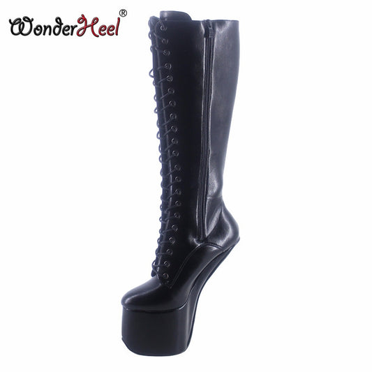 Wonderheel New 22cm Hoof Heels Matte Leather Sexy Fetish Cosplay With Platform Knee High Boots Lace Up Heelless Horse Shoes