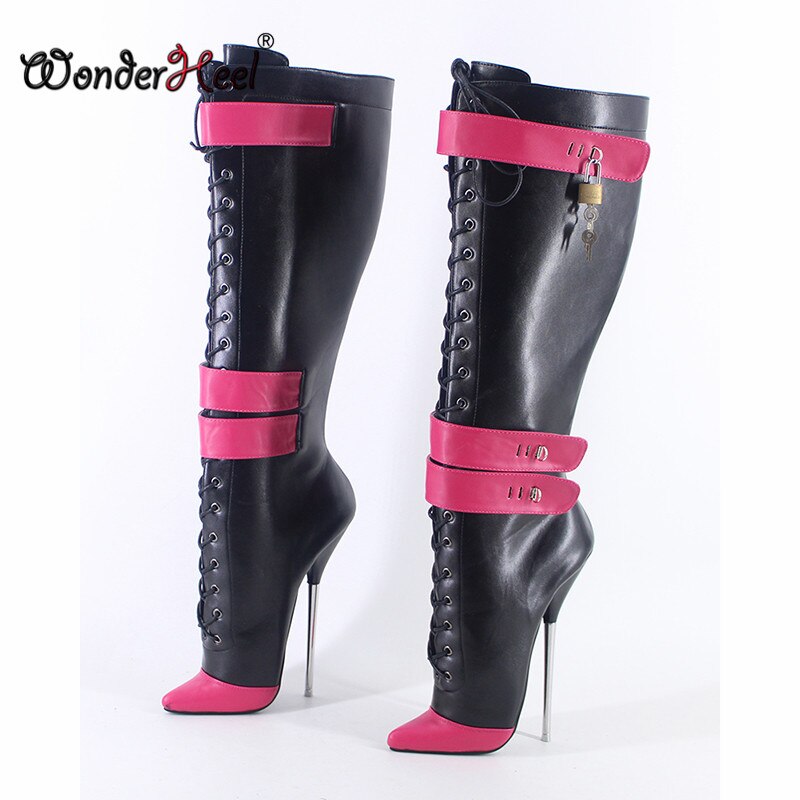 Wonderheel 2020 New 18cm Stiletto Heel Matt Leather Multi Colors Sexy Fetish Locked Padlocks Women Knee High Ballet Shoes