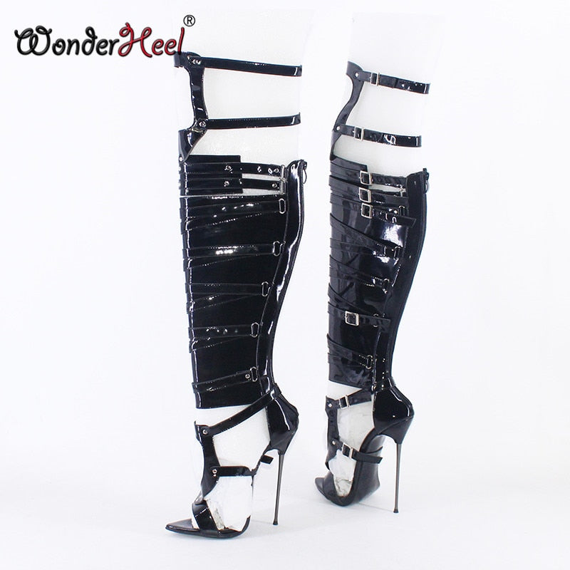 Wonderheel New 16cm Ultra Thin Metal heel Extreme high heel Patent Leather sexy Wonder Girls Nightclub Hollow Over knee Boots