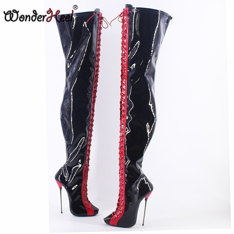 Wonderheel New 16cm Ultra Thin Metal heel Peep Toe Multi-color sexy Over Knee Boots Super Girls Nightclub Lace Up Crotch Boots