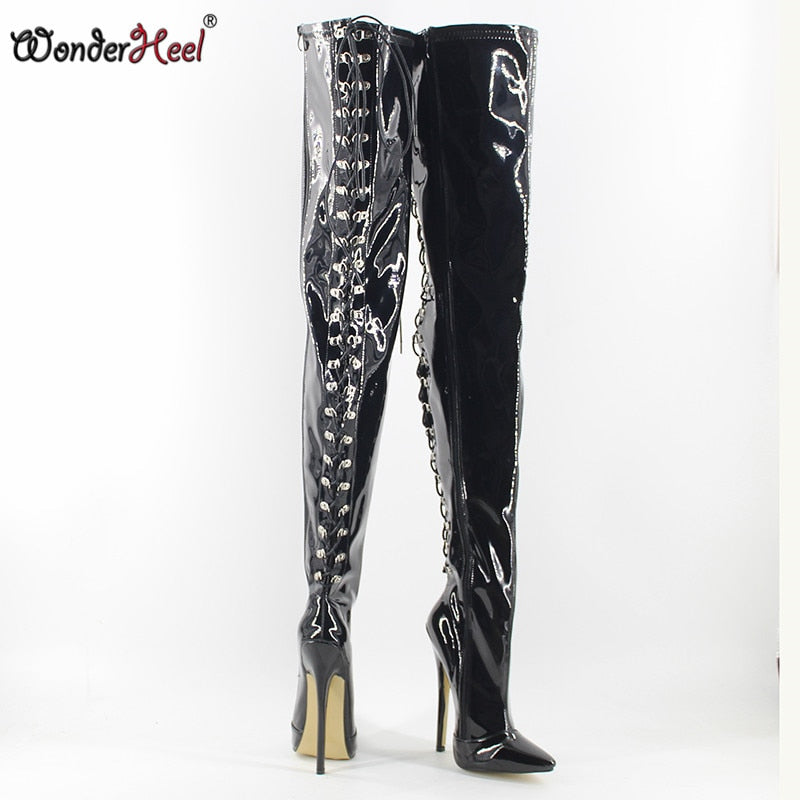 Wonderheel extreme high heel 7" stiletto heel pointed toe over knee patent leather sexy fetish women Crotch boots big size