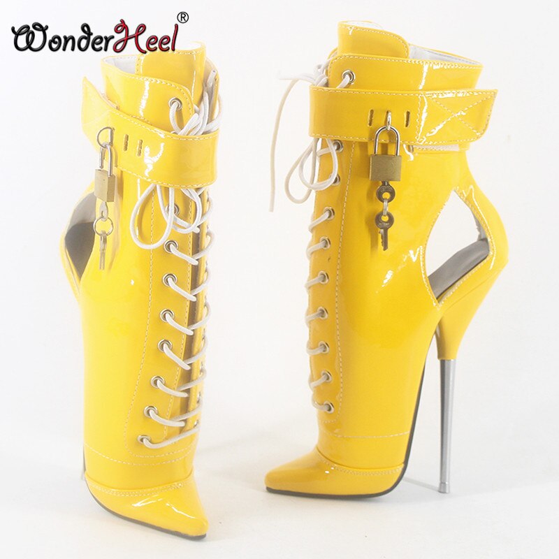 Wonderheel 2020 New 7" stiletto heel patent leather sexy fetish ankle ballet boots PVC locked padlocks women ballet shoes